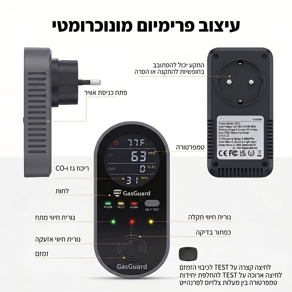 GasGuard – גלאי פחמן חד-חמצני 4 ב-1