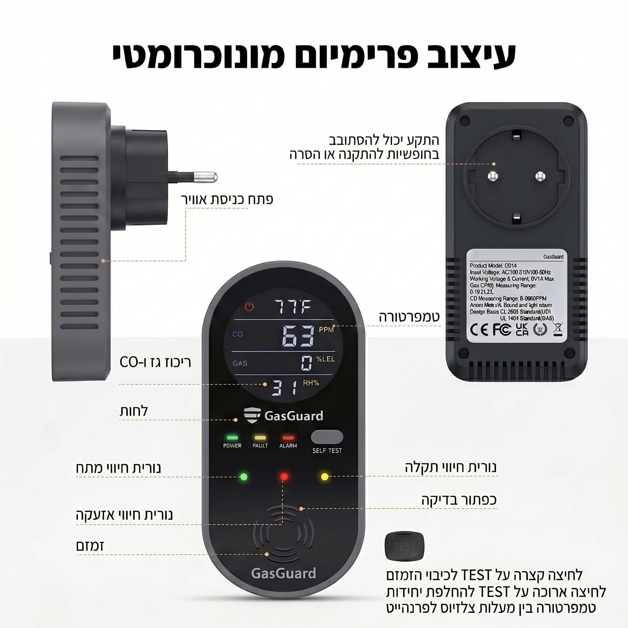 GasGuard – גלאי פחמן חד-חמצני 4 ב-1